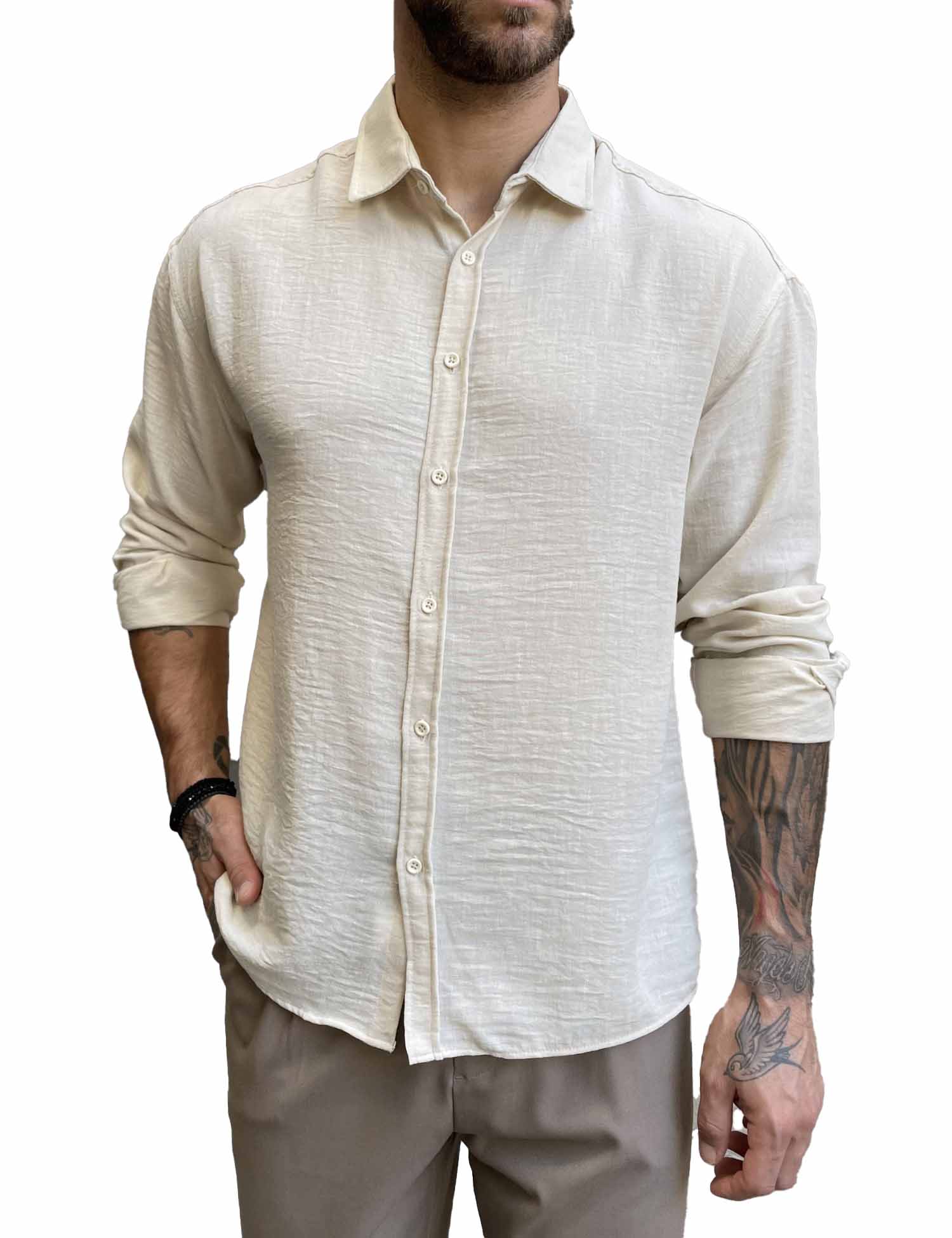 Ανδρικό εκρού γκοφρέ Overshirt με γιακά RMZ579 φωτογραφία